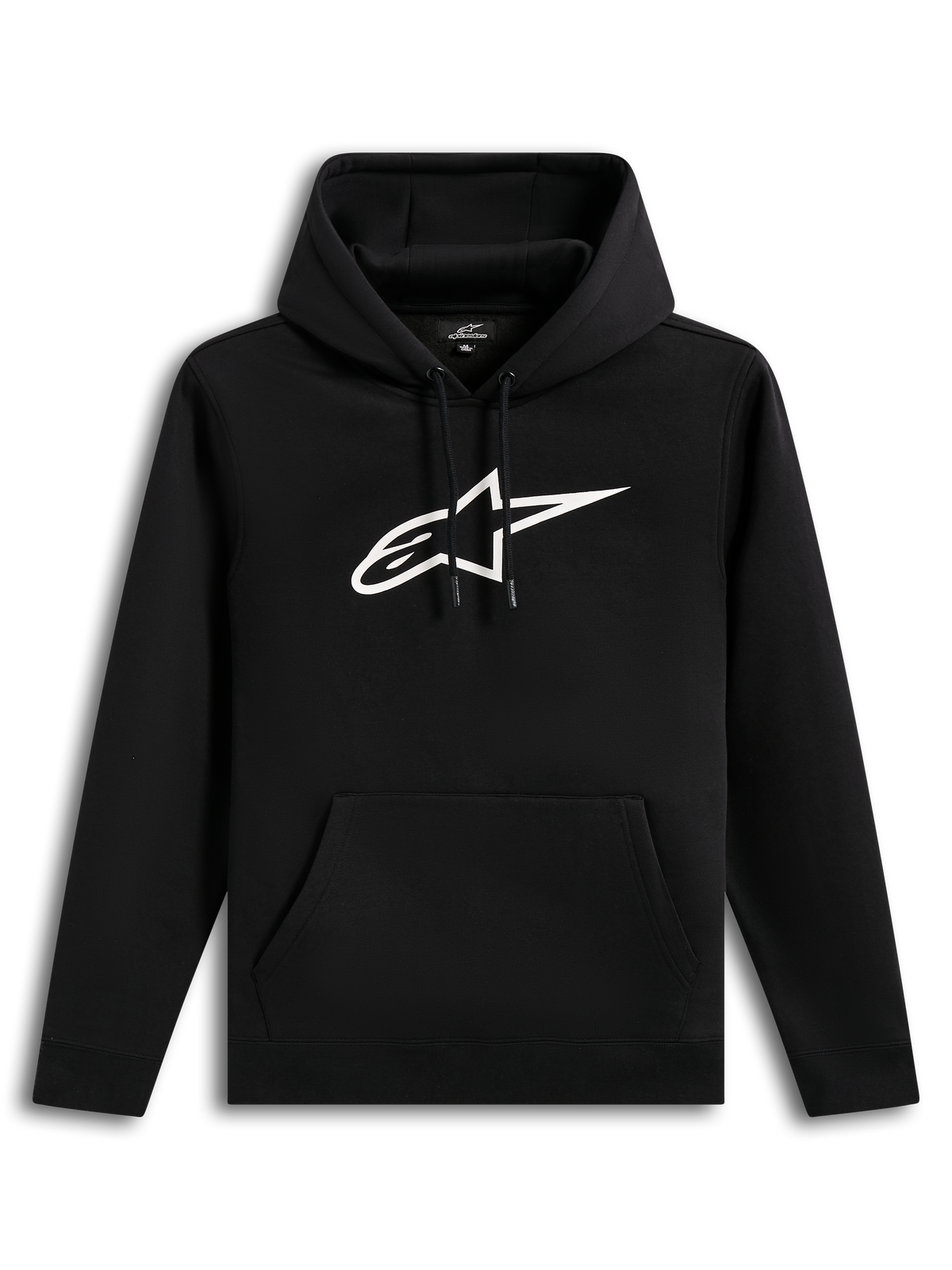 Alpinestars Ageless V3 Hoodie, black sportswear pullover featuring a white embroidered logo and kangaroo pocket.