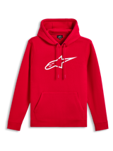 Alpinestars Ageless V3 Hoodie, Red with White embroidered logo, hooded pullover fleece, drawstring hood, kangaroo pocket, casual motorsport-inspired streetwear
