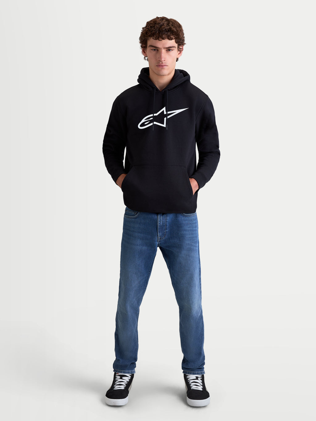 Alpinestars Ageless V3 Hoodie, Men's Premium Sportswear Pullover, Black and White, featuring a large Astars chest logo, drawstring hood, and front pocket, casual motorsport lifestyle apparel.