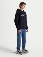 Alpinestars Ageless V3 Hoodie, Men's Sportswear Pullover, Black and White, featuring a large white embroidered logo on the chest, soft fleece construction, self-lined hood with drawcords, and front pouch pocket. Designed for casual everyday comfort for motorsport enthusiasts.