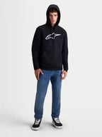 Alpinestars Ageless V3 Hoodie, Men's Sportswear Pullover, Black and White, featuring a front embroidered Alpinestars logo, self-lined hood with drawcords, and ribbed cuffs, premium soft fleece construction for casual motorsport style.