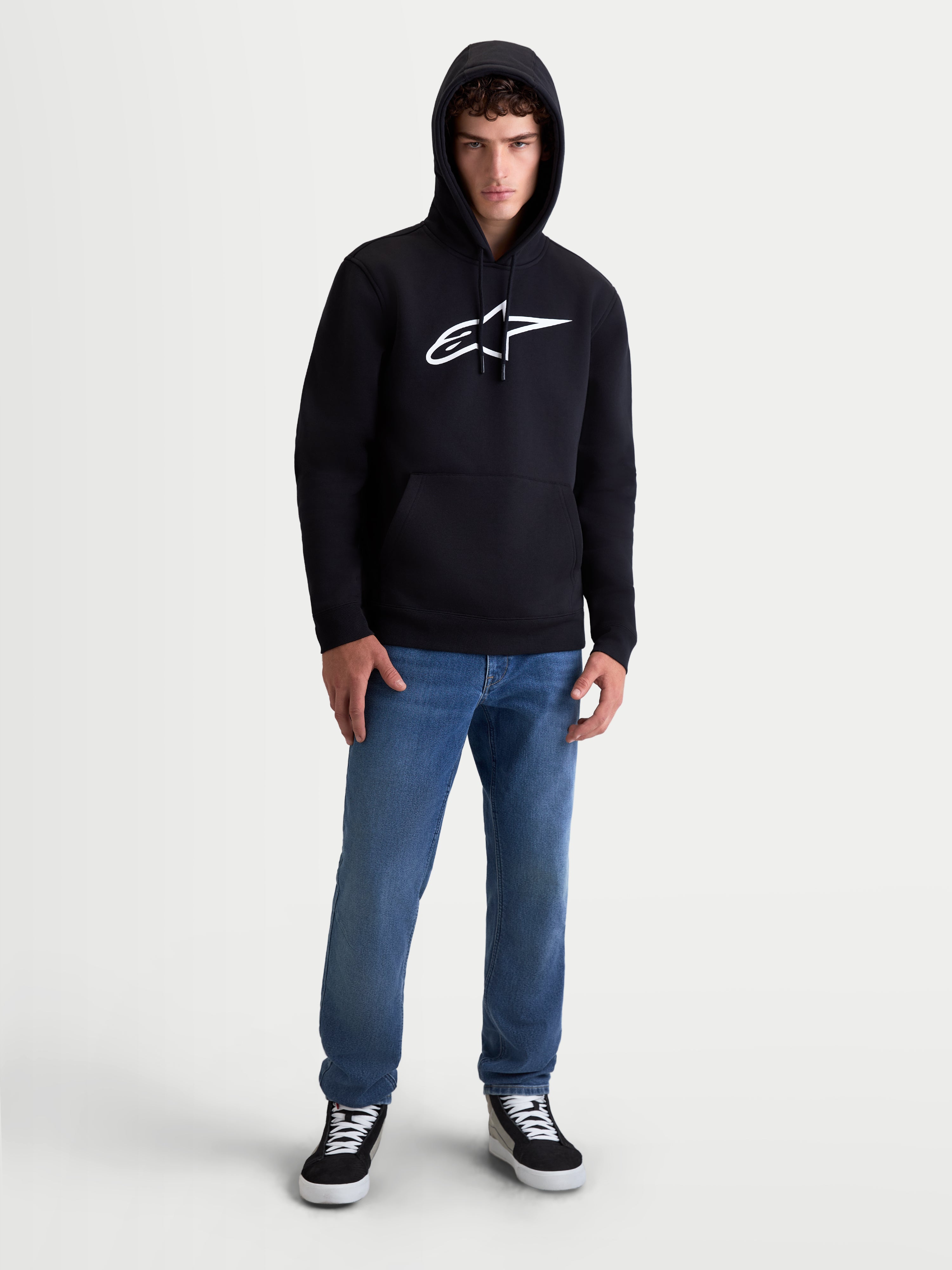 Alpinestars Ageless V3 Hoodie, Men's Sportswear Pullover, Black and White, featuring a front embroidered Alpinestars logo, self-lined hood with drawcords, and ribbed cuffs, premium soft fleece construction for casual motorsport style.