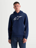 Alpinestars Ageless V3 Hoodie, Pullover Fleece Sportswear for Men and Women, Navy and White, featuring a large embroidered Alpinestars logo, adjustable drawstring hood, and front pouch pocket.