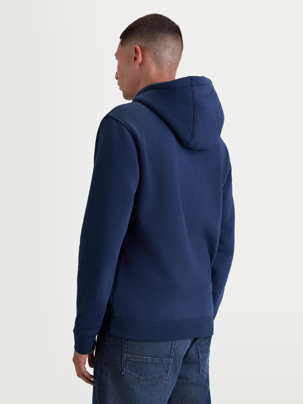 Alpinestars Ageless V3 Hoodie, Sportswear Lifestyle Pullover, Men's Navy Blue Fleece Hoodie, Back View showing Self-Lined Hood and Ribbed Cuffs, 80% Cotton and 20% Recycled Polyester Blend.