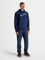 Alpinestars Ageless V3 Hoodie, Men's Sportswear Pullover Fleece, Navy Blue and White, featuring a front embroidered Alpinestars logo, drawstring hood, and kangaroo pocket for casual lifestyle and motorsport fans.