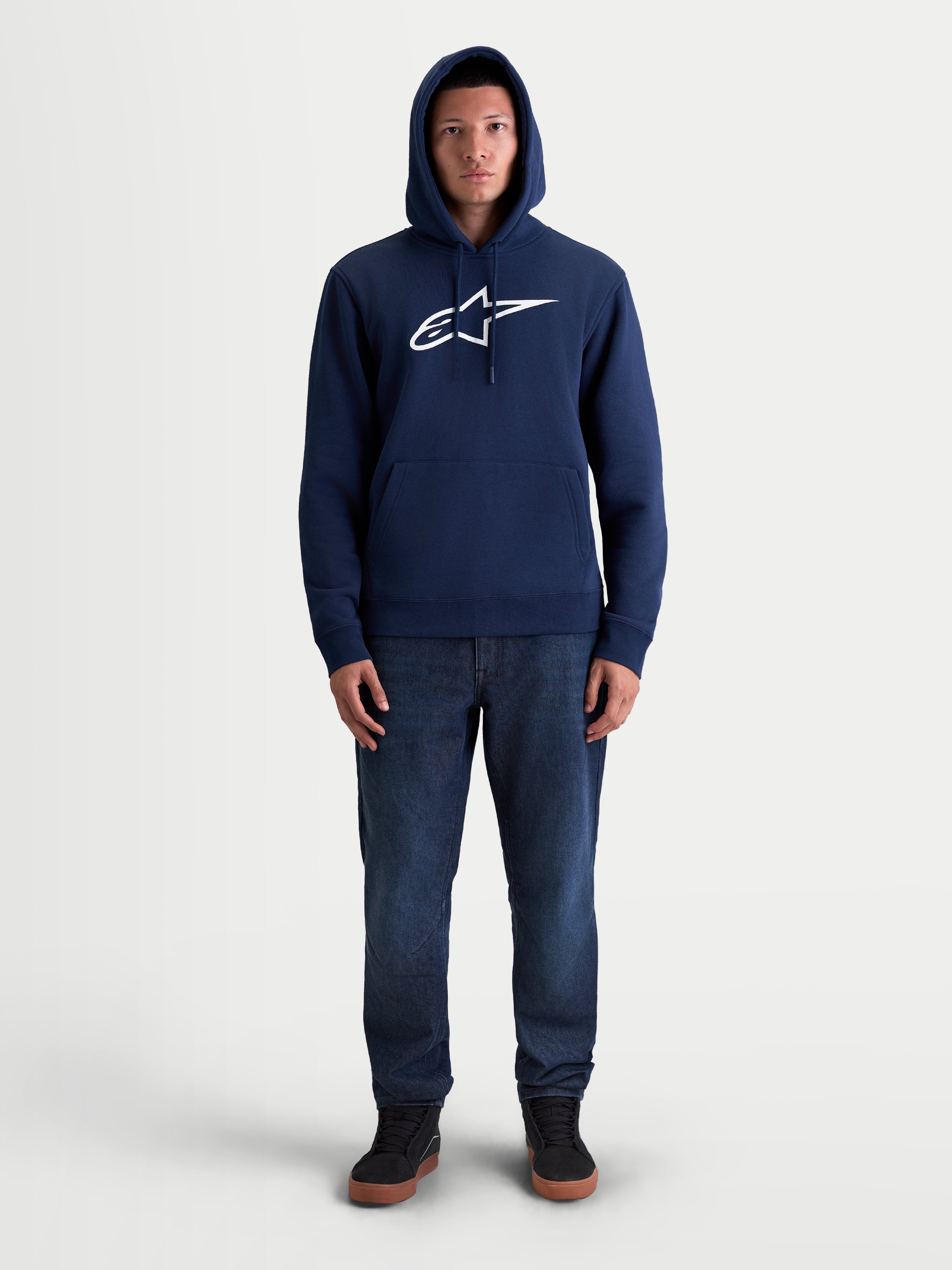 Alpinestars Ageless V3 Hoodie, Men's Sportswear Pullover Fleece, Navy Blue and White, featuring an embroidered front logo, self-lined hood with drawstring, and ribbed cuffs for a clean finish, lifestyle and motorsport apparel.