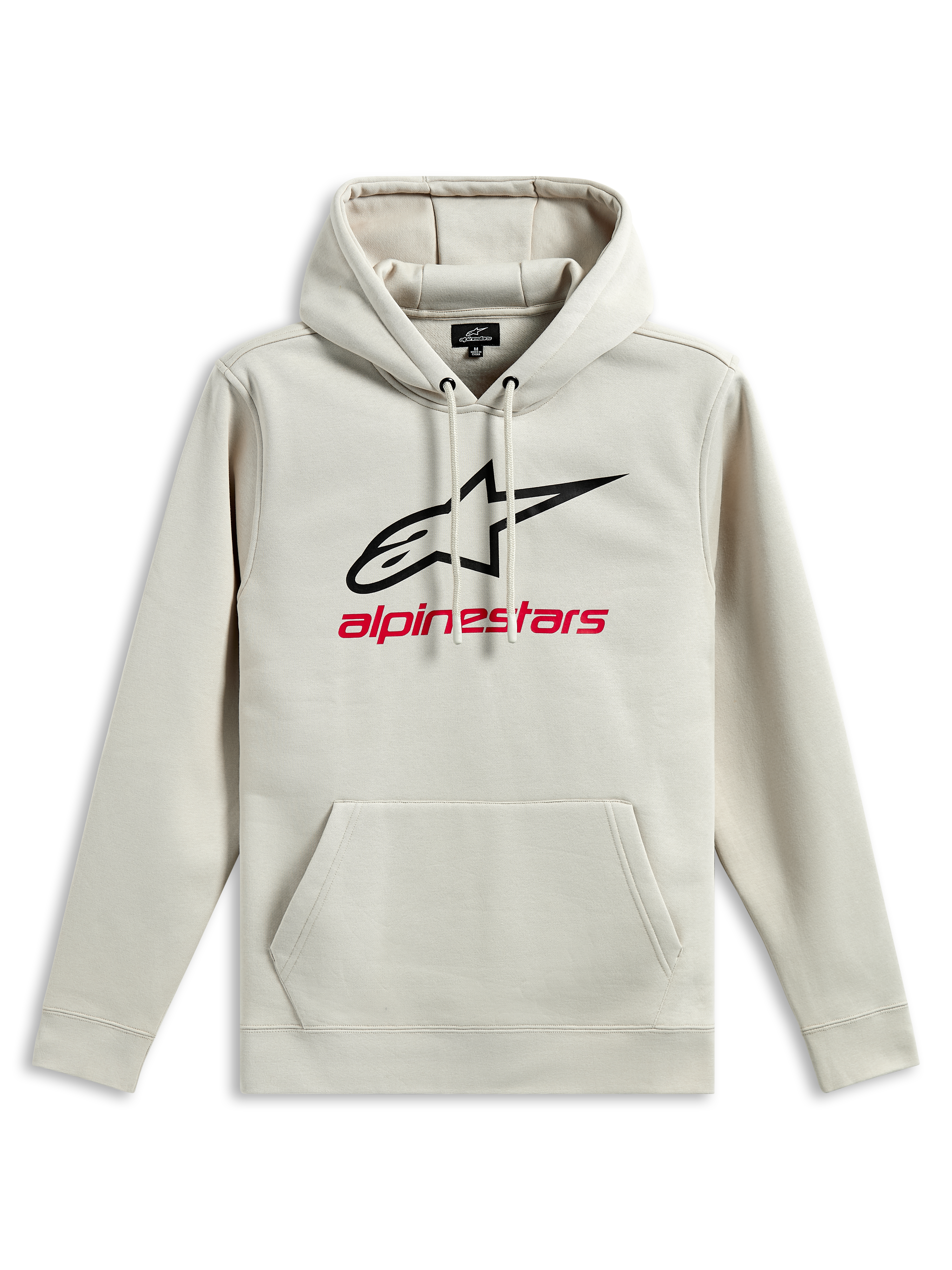 Alpinestars Always V3 Hoodie, hooded pull over fleece, Off White, black star logo and red Alpinestars text on chest, kangaroo pocket, drawstring hood, casual motorsport-inspired sportswear