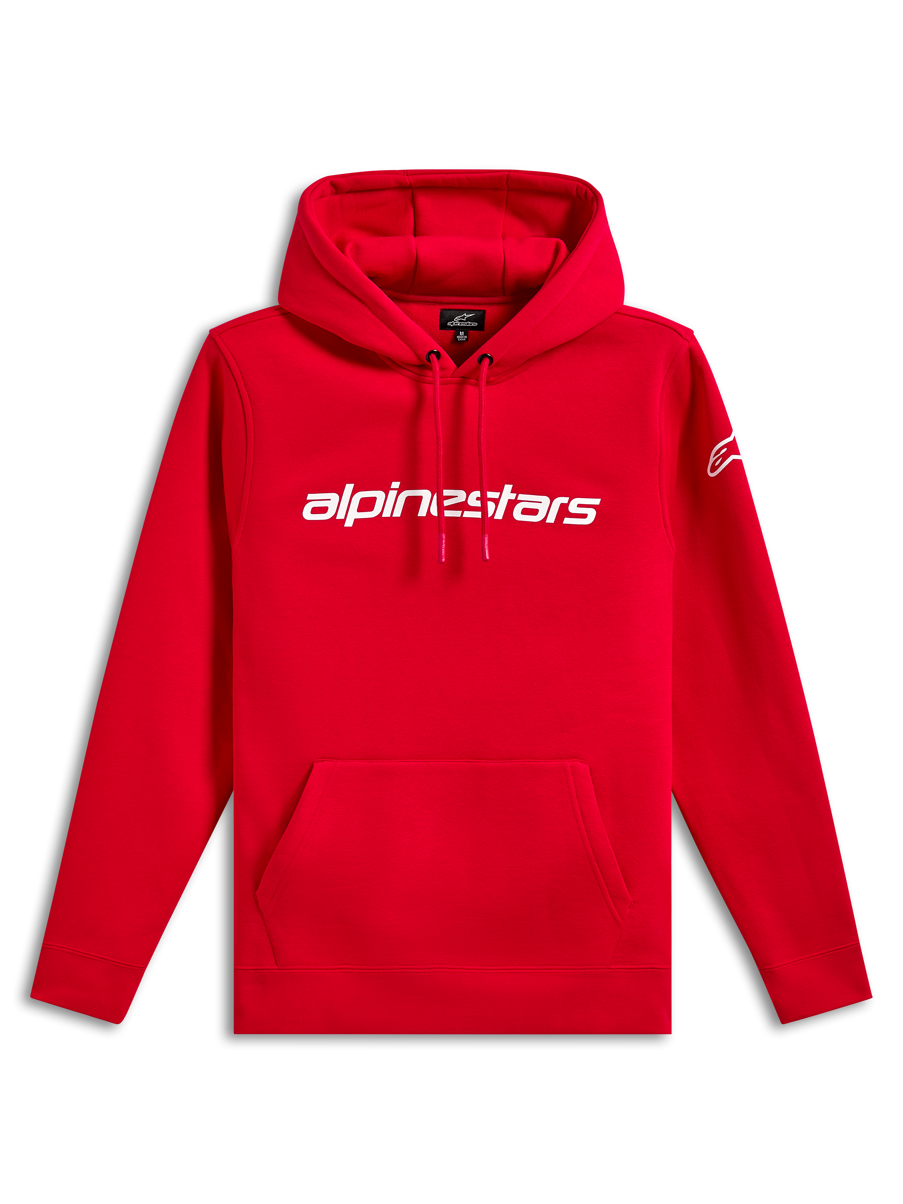Alpinestars Linear Wordmark V3 Hoodie, casual streetwear, red with white Alpinestars wordmark on chest, white Ageless logo on sleeve, drawstring hood, kangaroo pocket, ribbed cuffs and hem