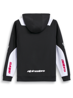Alpinestars Sessions V3 Hoodie, Black, White and Red sportswear zip hoodie, rear view showing back wordmark print and white sleeve panels