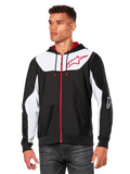 Alpinestars Sessions V3 Hoodie, Zip-Front Hoodie, Black with White panels and Red accents, featuring a red zipper, mesh-lined hood, and Alpinestars star logo on the chest, casual motorsport-inspired streetwear