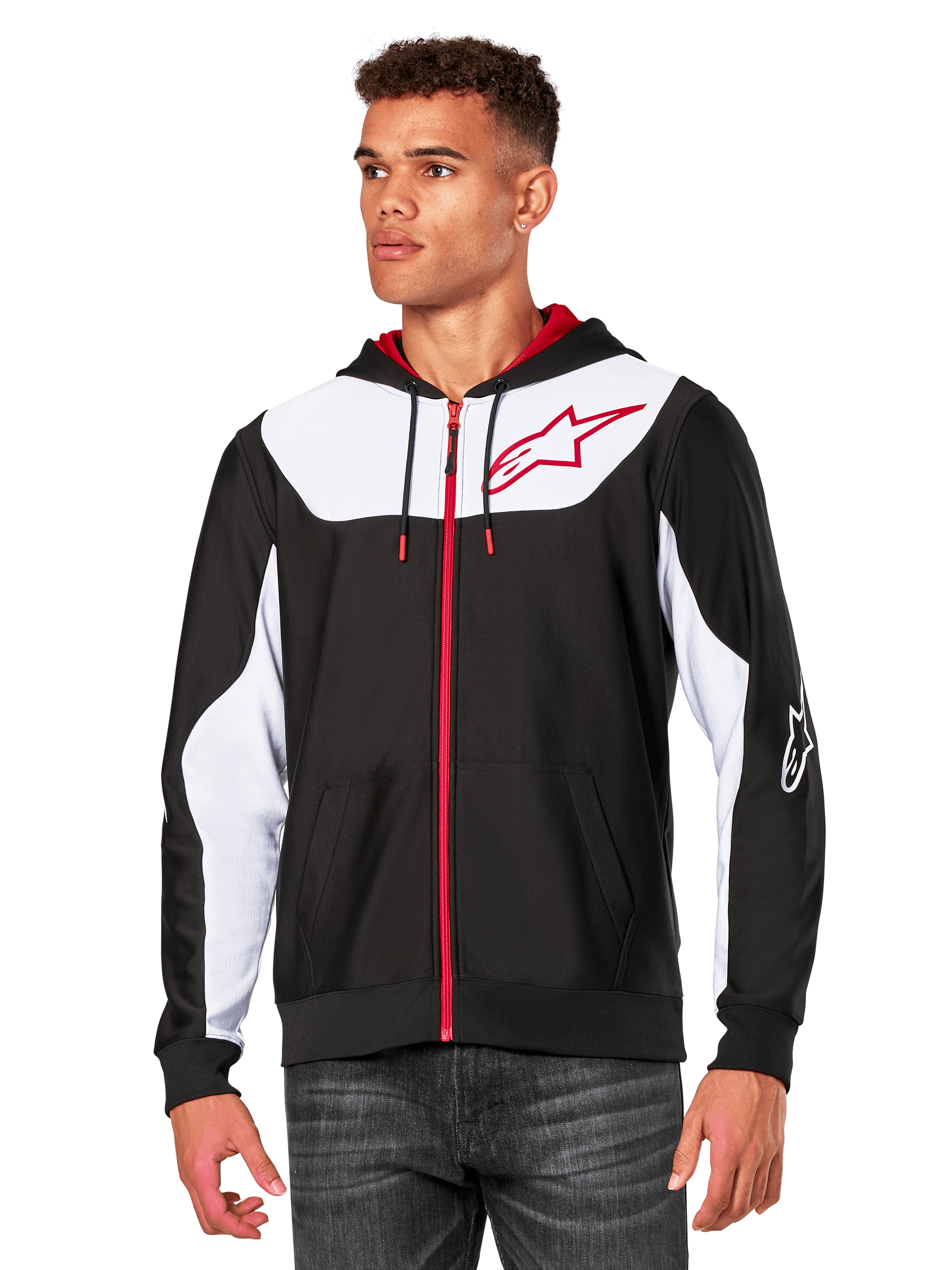 Alpinestars Sessions V3 Hoodie, Zip-Front Hoodie, Black with White panels and Red accents, featuring a red zipper, mesh-lined hood, and Alpinestars star logo on the chest, casual motorsport-inspired streetwear
