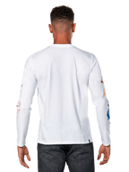 Alpinestars Brundo CSF Tee, Long Sleeve T-Shirt, White, back view featuring colorful graphic prints on the sleeves, casual motorsport streetwear