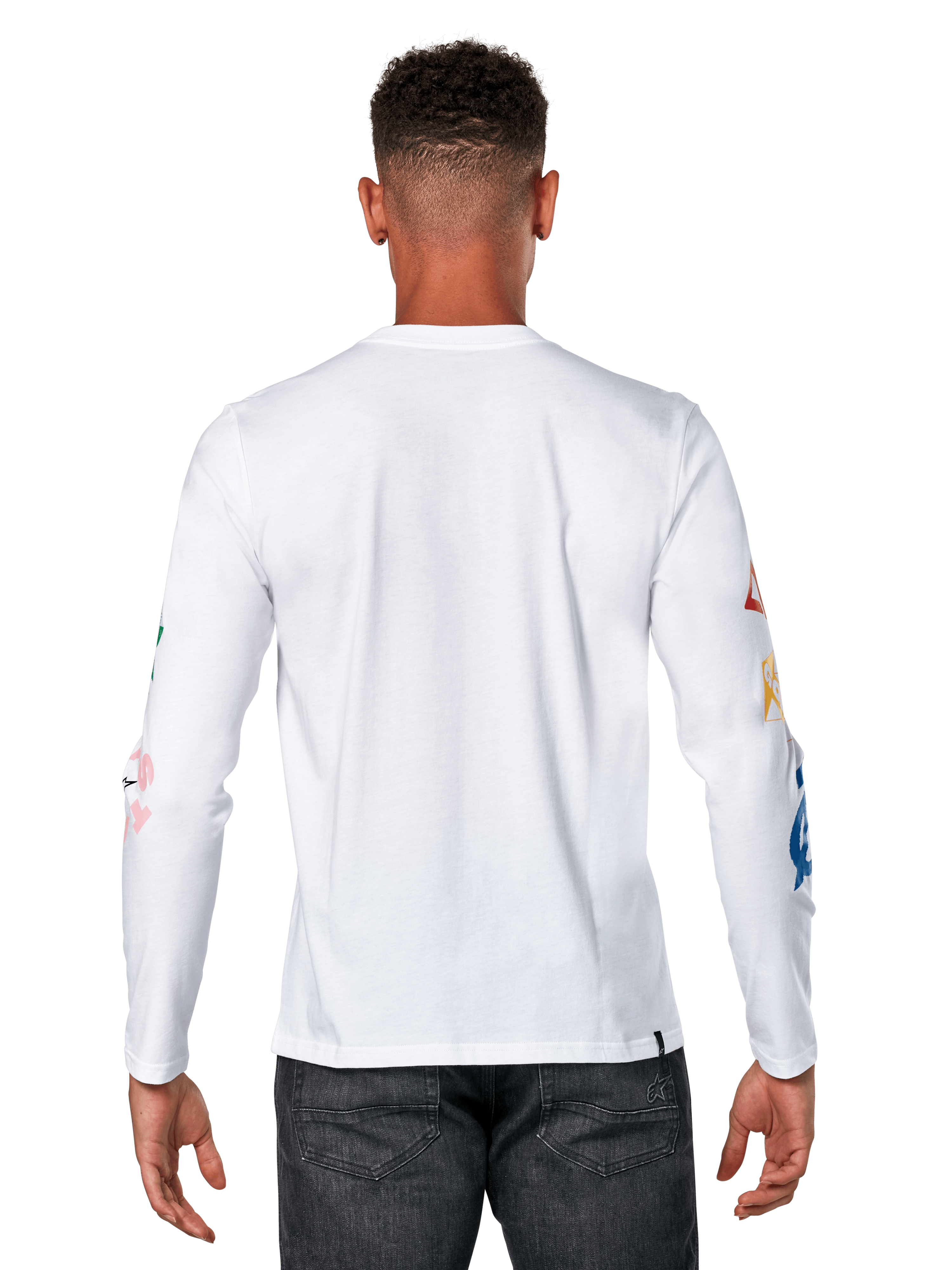Alpinestars Brundo CSF Tee, Long Sleeve T-Shirt, White, back view featuring colorful graphic prints on the sleeves, casual motorsport streetwear