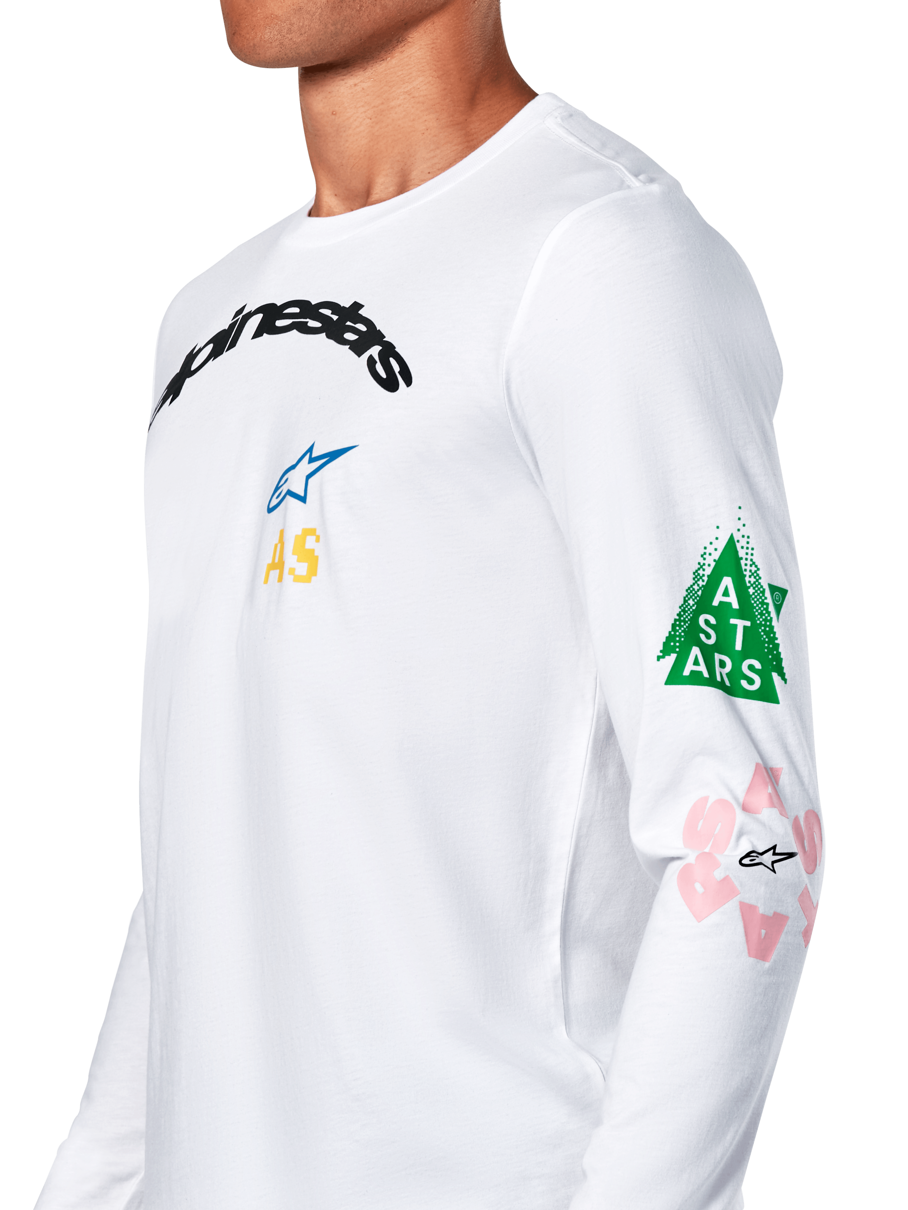 Alpinestars Brundo CSF Tee, Long Sleeve T-Shirt, White, featuring multi-colored chest and sleeve graphics with green triangle and pink logo details, casual motorsport sportswear