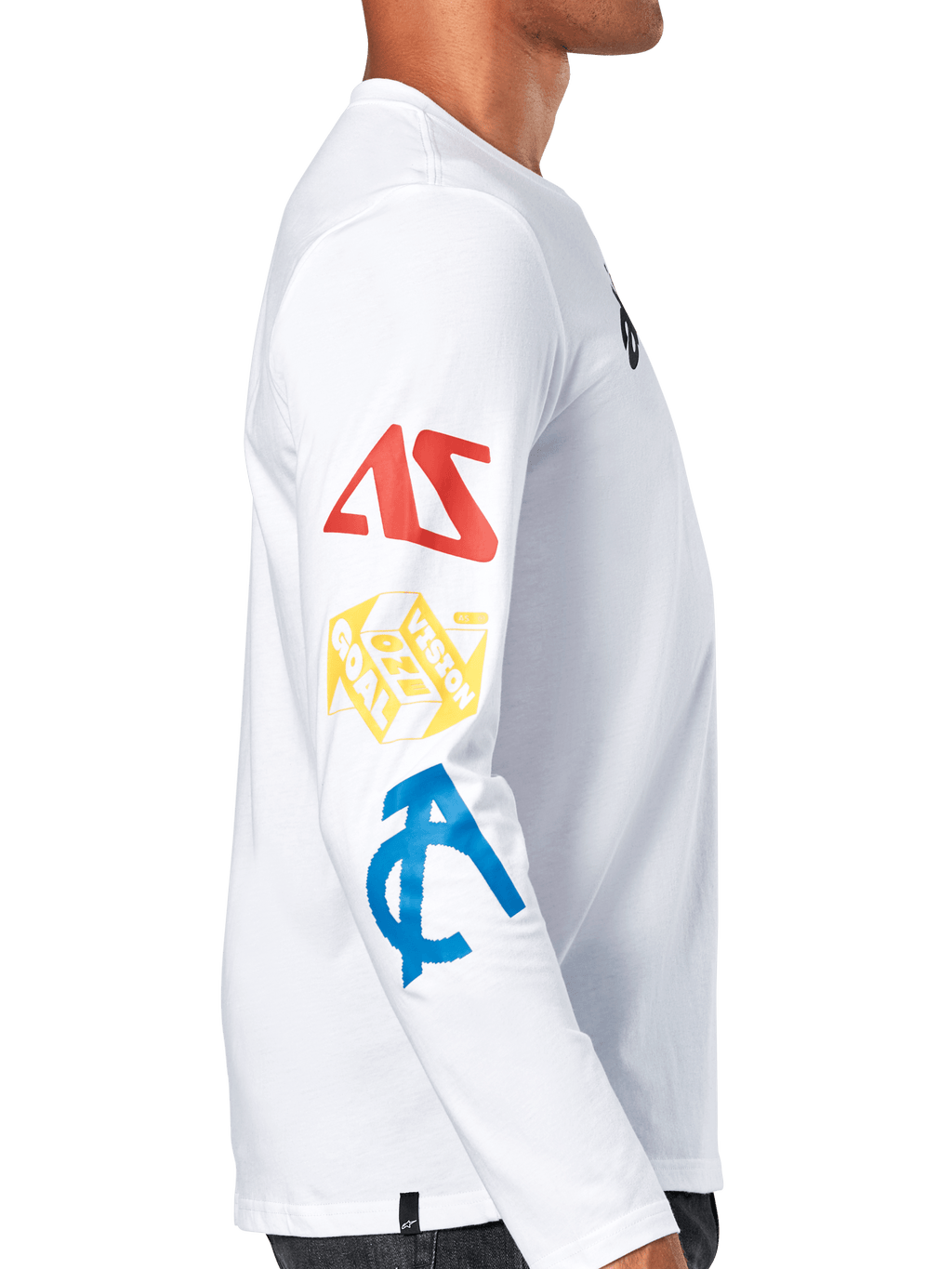Alpinestars Brundo CSF Tee, Long Sleeve T-Shirt, White, side profile view showing multi-colored graphics on the sleeve in red, yellow, and blue, casual motorsport streetwear