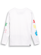 Alpinestars Brundo CSF Tee, Long Sleeve T-Shirt, White, back view featuring colorful multi-mix logo graphics on both sleeves, casual motorsport-inspired streetwear