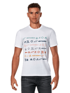 Alpinestars Glyfs CSF Tee, Short Sleeve T-Shirt, White, featuring a multi-logo striped graphic with colorful icons across the front, Casual Motorsport Sportswear