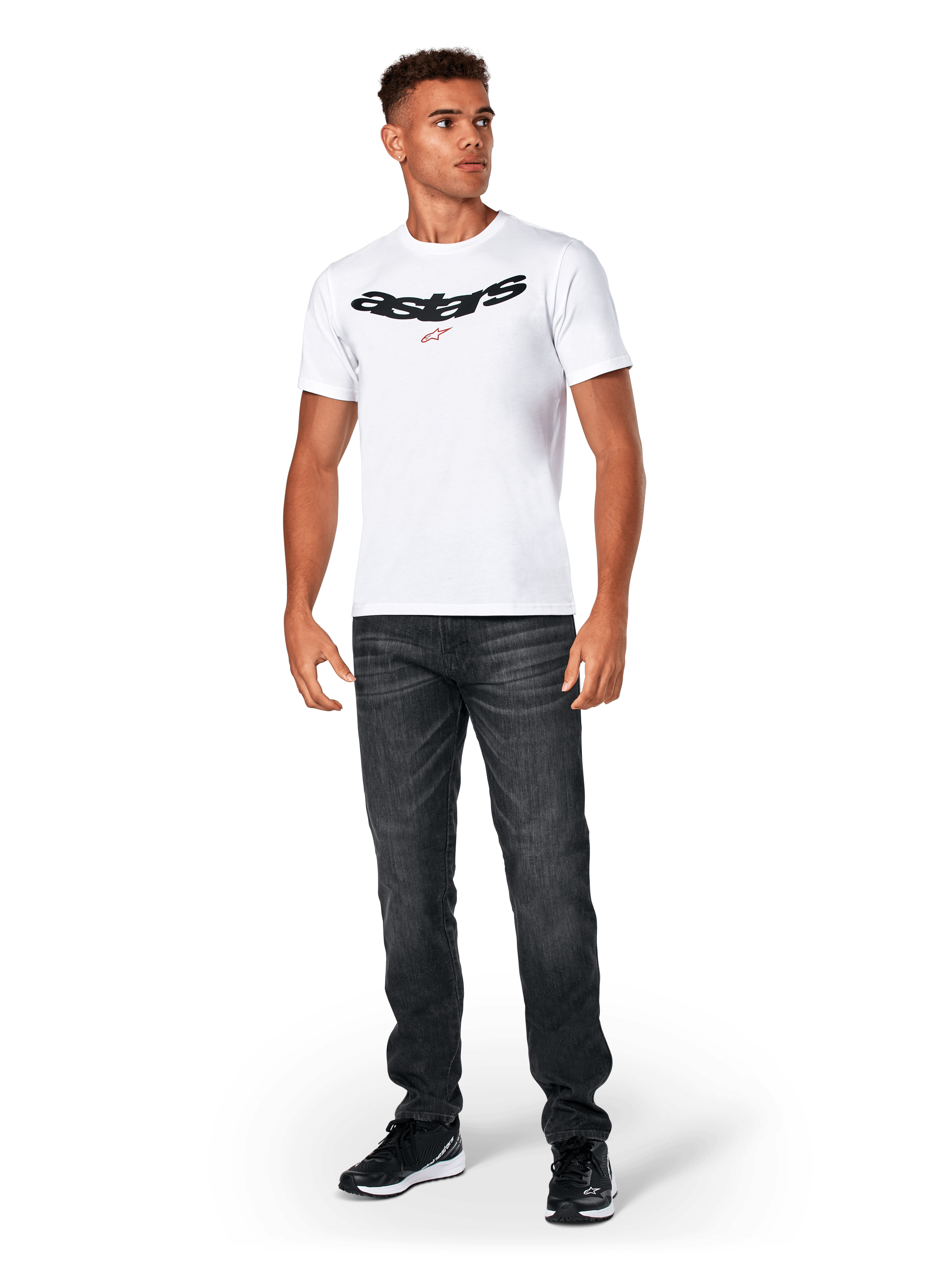 Alpinestars Elliptic CSF Tee, Short Sleeve T-Shirt, White, Black arched Astars logo with orange star symbol, worn by model with black jeans and sneakers, casual motorsport streetwear