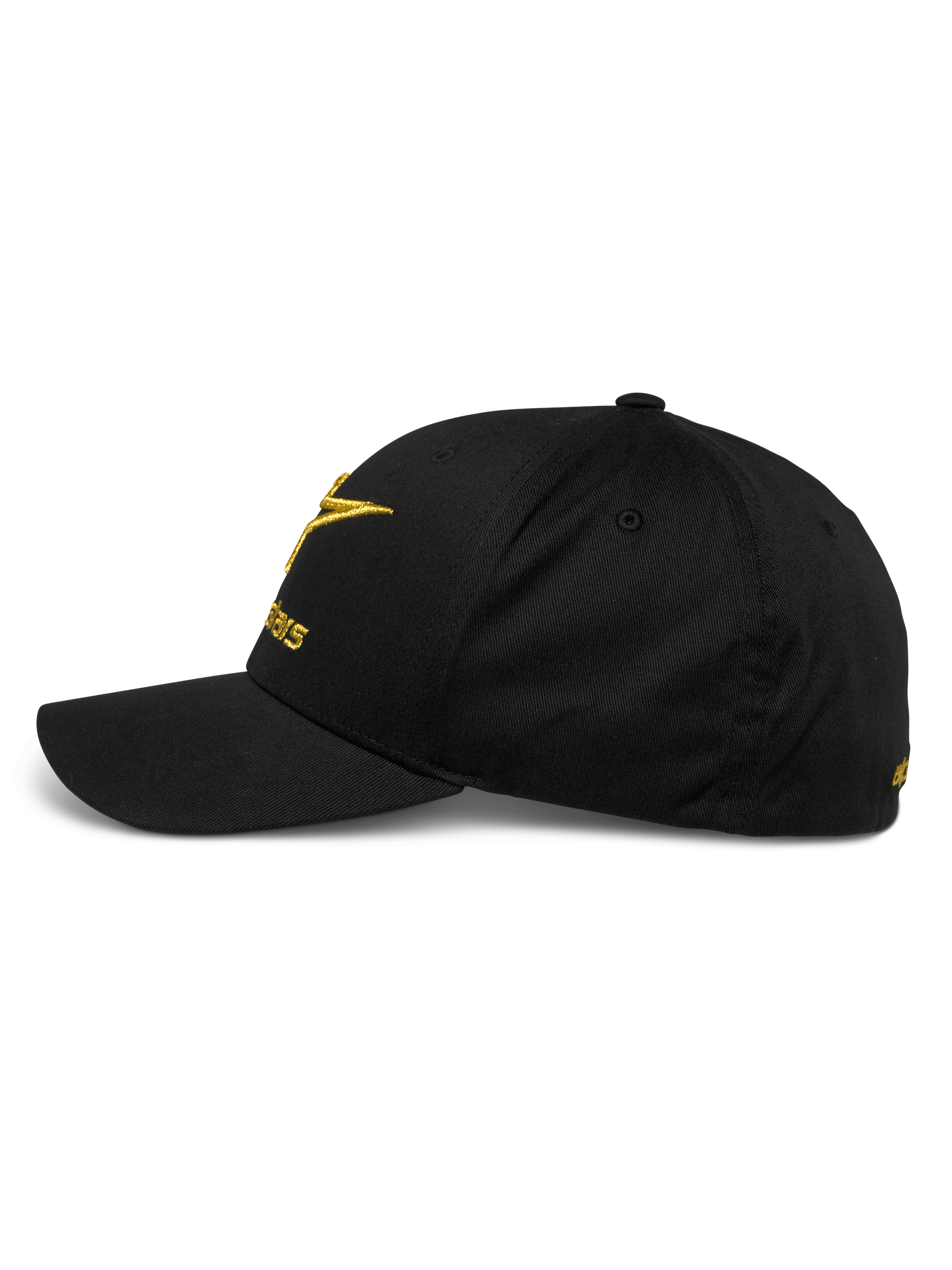 Alpinestars Gild Hat, side profile view of a black curved bill baseball cap, gold metallic 3D embroidery logo on front and side, structured crown and stretch twill fabric, casual motorsport sportswear.