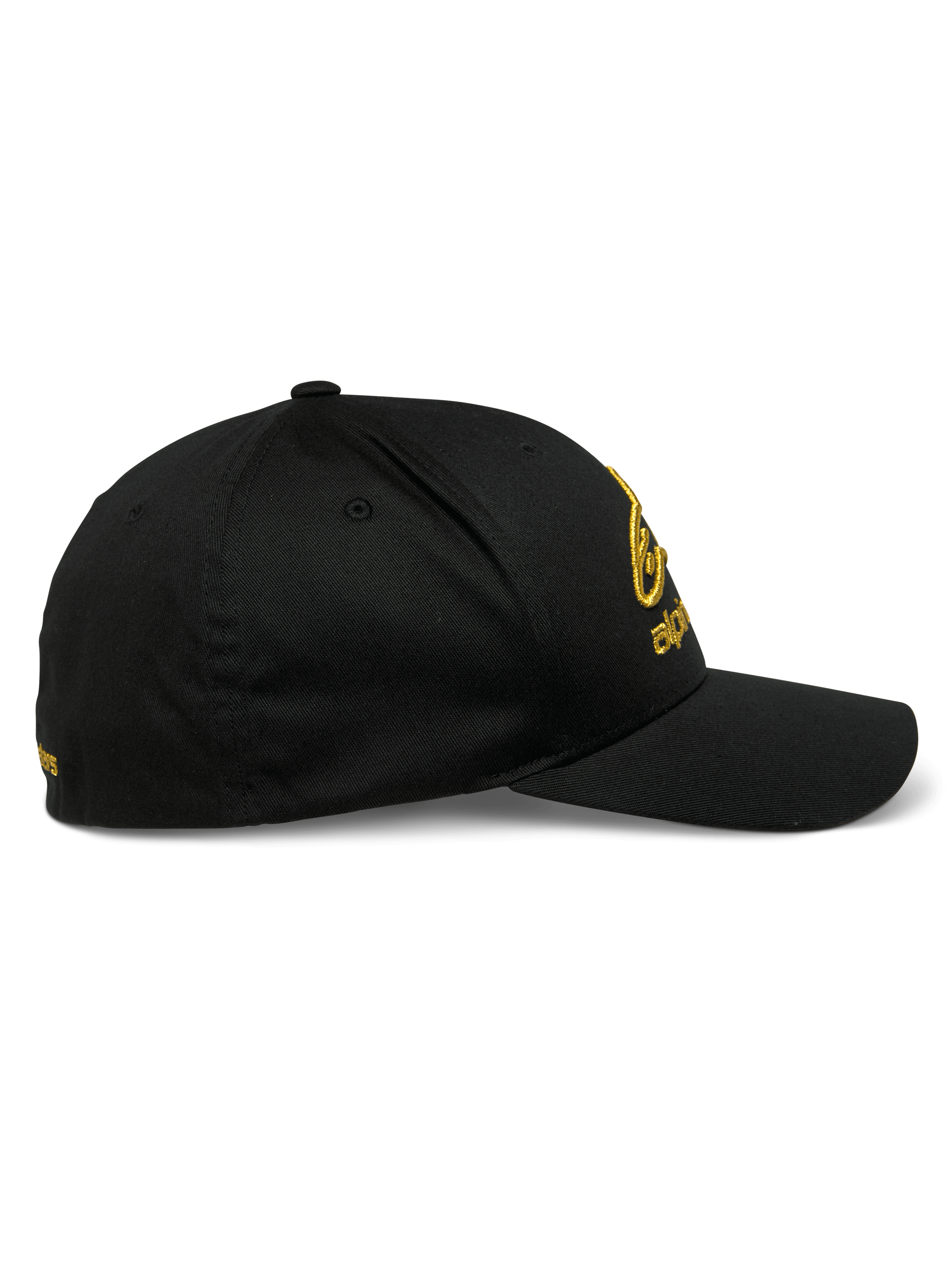 Alpinestars Gild Hat, Sportswear Cap, Black and Gold, side profile view featuring curved bill, structured crown, and gold metallic 3D embroidery on front and side, stretch twill fabric