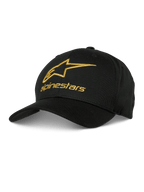 Alpinestars Gild Hat, Black Baseball Cap with Gold Metallic 3D Embroidered Logo, Structured Crown and Curved Bill, Casual Motorsport Sportswear