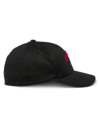 Alpinestars Arcstars Hat, Black Baseball Cap, side profile view, curved bill with structured crown, stretch twill fabric, red and white embroidery detailing, casual motorsport-inspired headwear