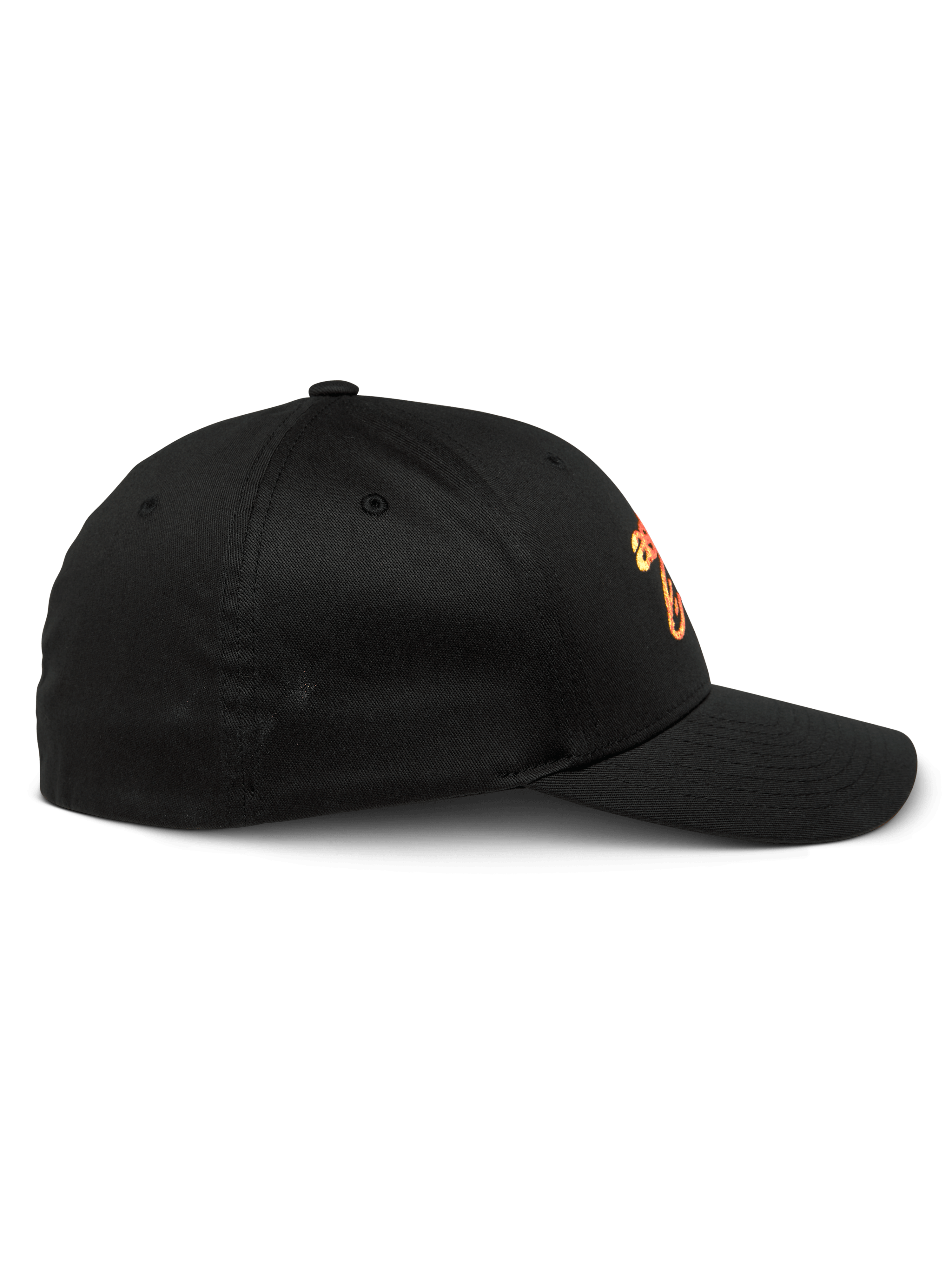 Alpinestars Setting Hat, Black Baseball Cap, side profile view showing curved bill and structured crown, featuring orange gradation embroidered logo, casual sportswear
