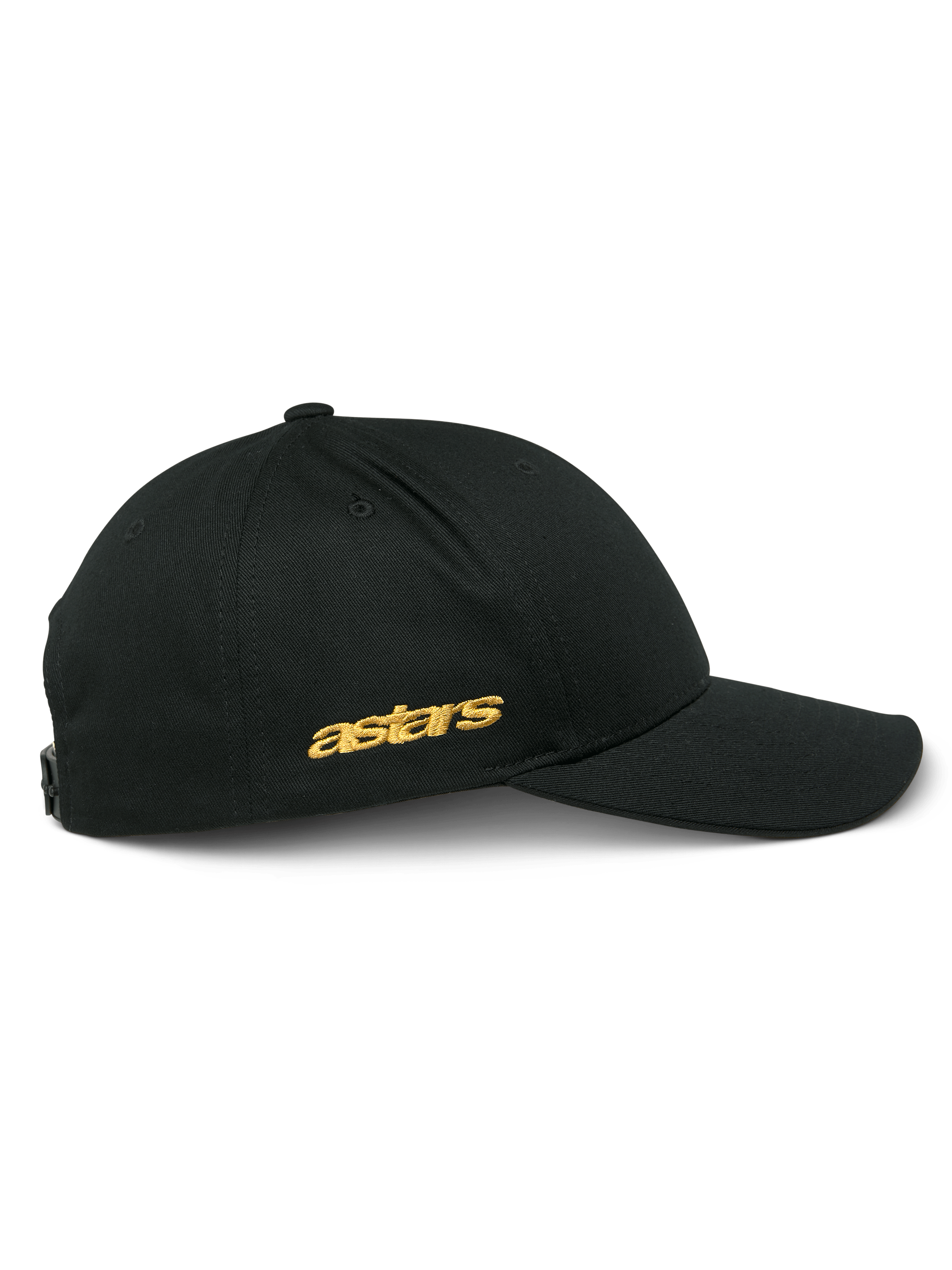 Alpinestars Sessionized Hat, side view of black snapback cap, gold flat astars embroidery on the side, structured crown with curved bill, casual motorsport-inspired headwear