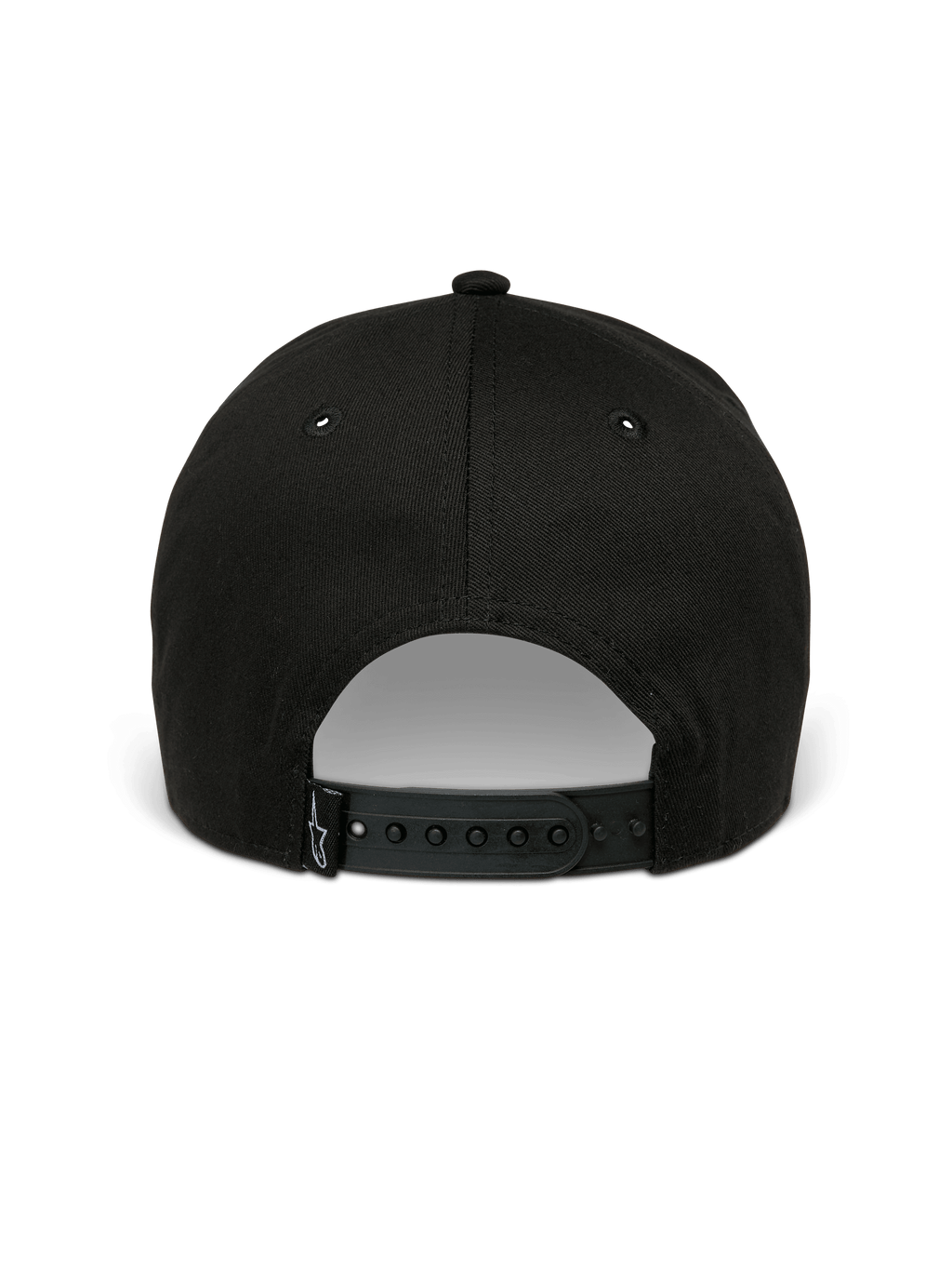 Alpinestars Canyon Hat, Black Snapback Hat, back view featuring adjustable snap closure and small woven Astars logo label, 100% cotton twill material, casual motorsport-inspired headwear