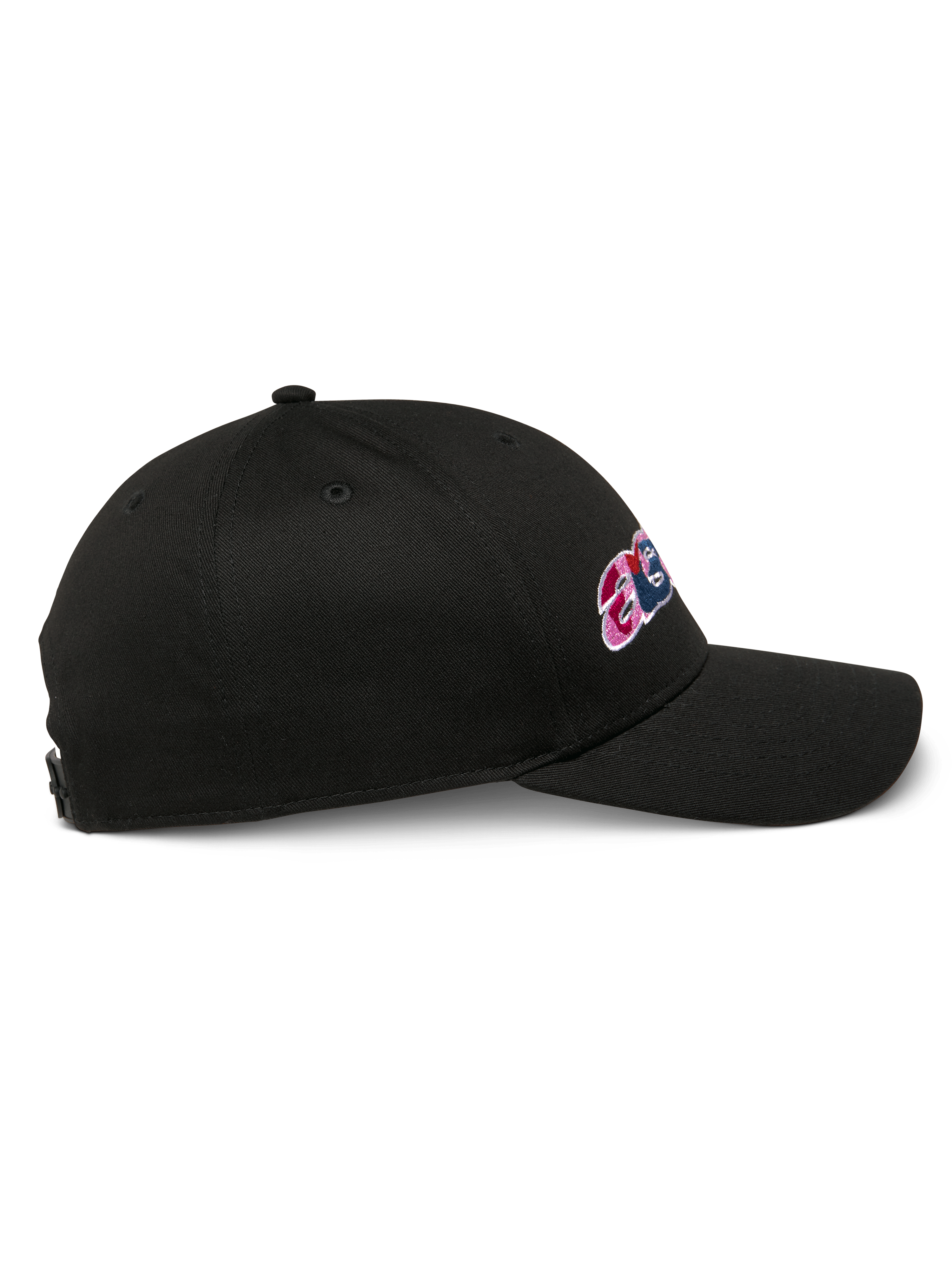 Alpinestars Canyon Hat, Black Snapback Hat, side profile view, curved bill, featuring side embroidery and structured crown, casual motorsport headwear