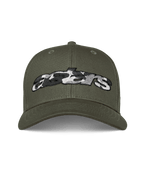 Alpinestars Canyon Hat, Military Green, Curved Bill Snapback Cap, front embroidered Astars logo with camo fill, casual motorsport streetwear