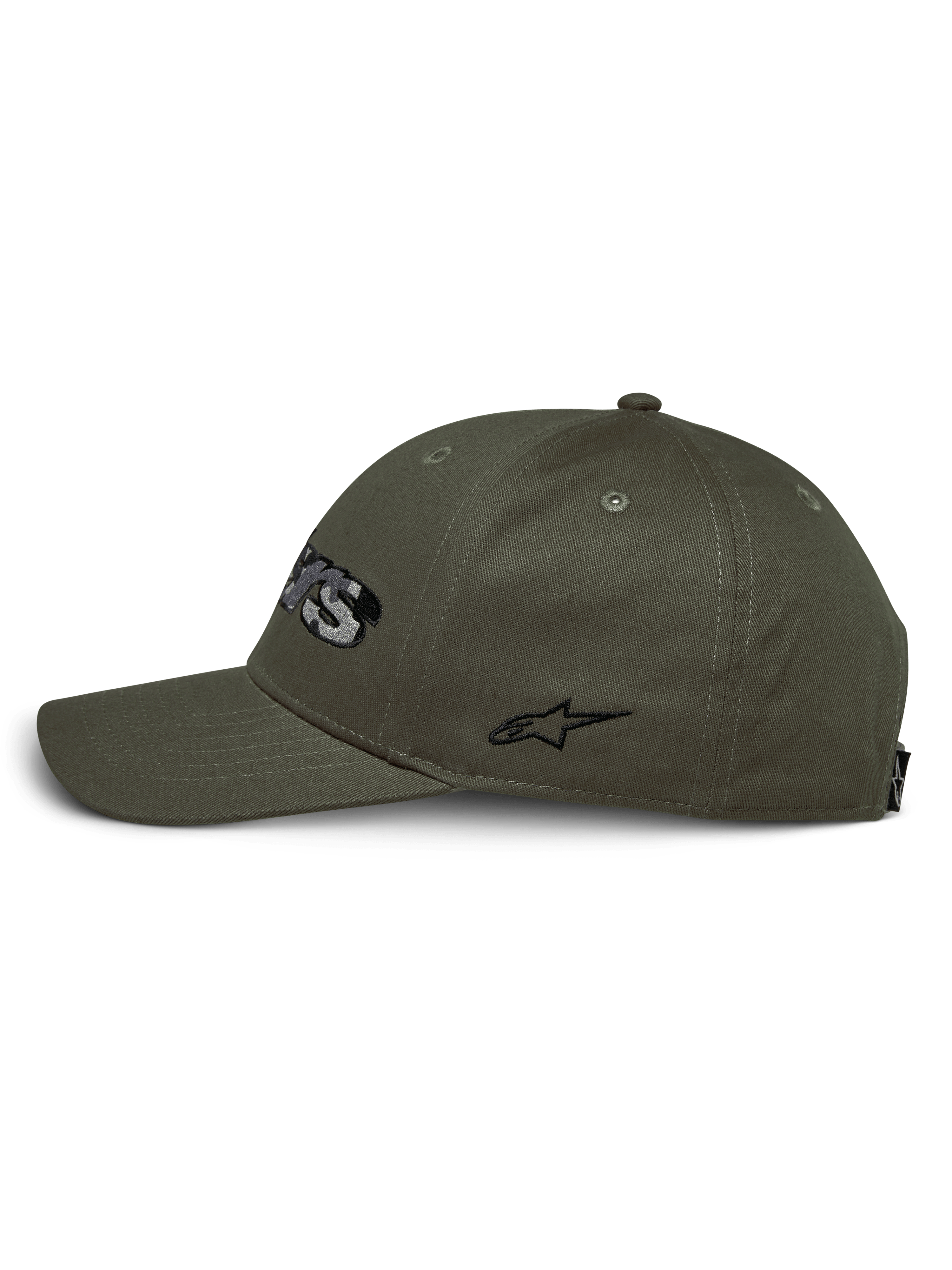 Alpinestars Canyon Hat, side view, military green, curved bill with structured crown, cotton twill fabric, featuring a black embroidered side logo, casual motorsport streetwear