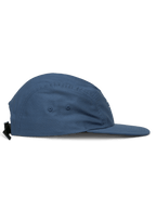 Alpinestars Peasy Hat, 5-panel jockey hat, Blue, side view showing flat bill and unstructured crown, twill fabric with ventilation eyelets, clip buckle strapback, casual sportswear