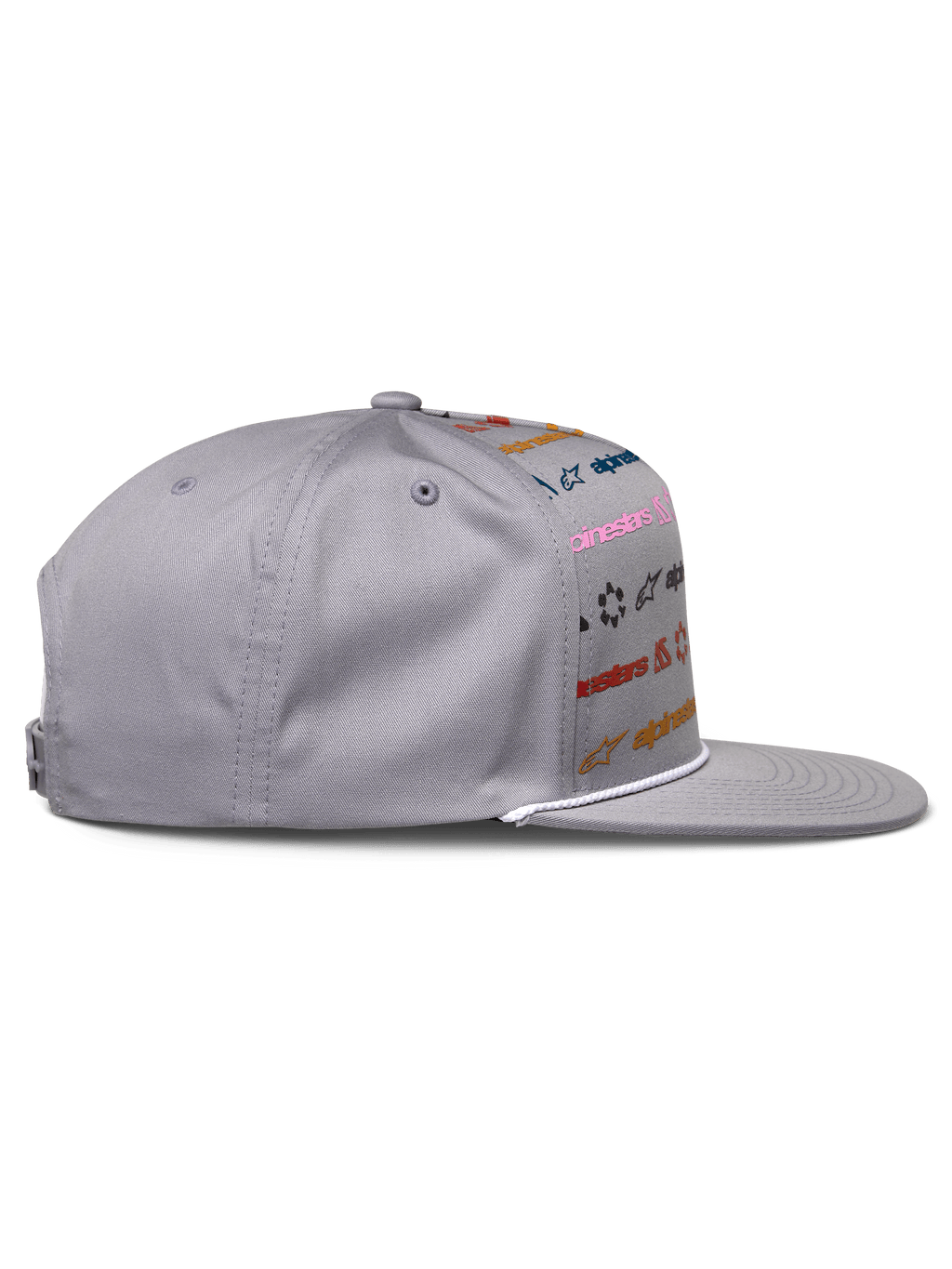 Alpinestars Glphy Hat, Gray, Flat Bill Snapback with multi-colored logo print, white rope trim at the bill, structured crown, casual motorsport-inspired headwear