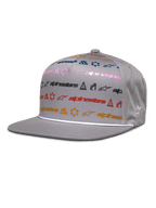Alpinestars Glphy Hat, gray flat-bill snapback cap, colorful multi-logo print design in pink, blue, red, and orange, white rope trim above the brim, structured crown with embroidered side star logo