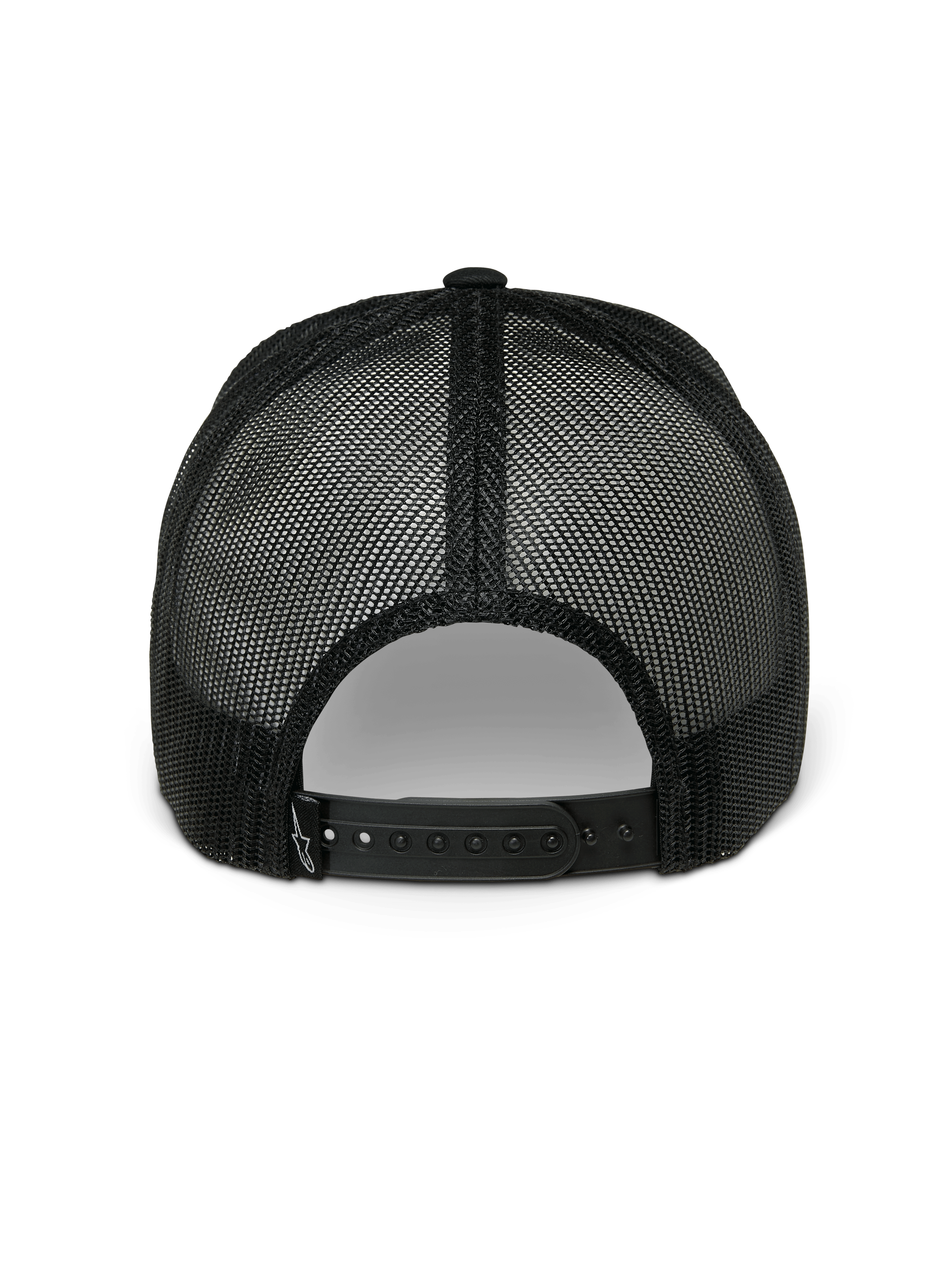 Alpinestars Gambit Trucker Hat, Snapback Hat, Black, back view showing breathable poly mesh panels and adjustable snapback closure, casual motorsport sportswear