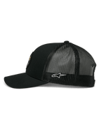 Alpinestars Gambit Trucker Hat, Black, side view showing curved bill and mesh back, white Alpinestars star logo on the side, casual motorsport-inspired headwear