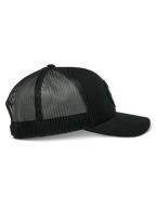 Alpinestars Gambit Trucker Hat, Trucker Cap, Black/Black, featuring a curved bill, structured twill front, and breathable mesh back, casual motorsport streetwear, side profile