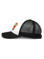 Alpinestars Hardware Trucker Hat, White and Black, side profile view, white twill front with yellow and red embroidery patch, black mesh back, black curved brim, casual motorsport headwear