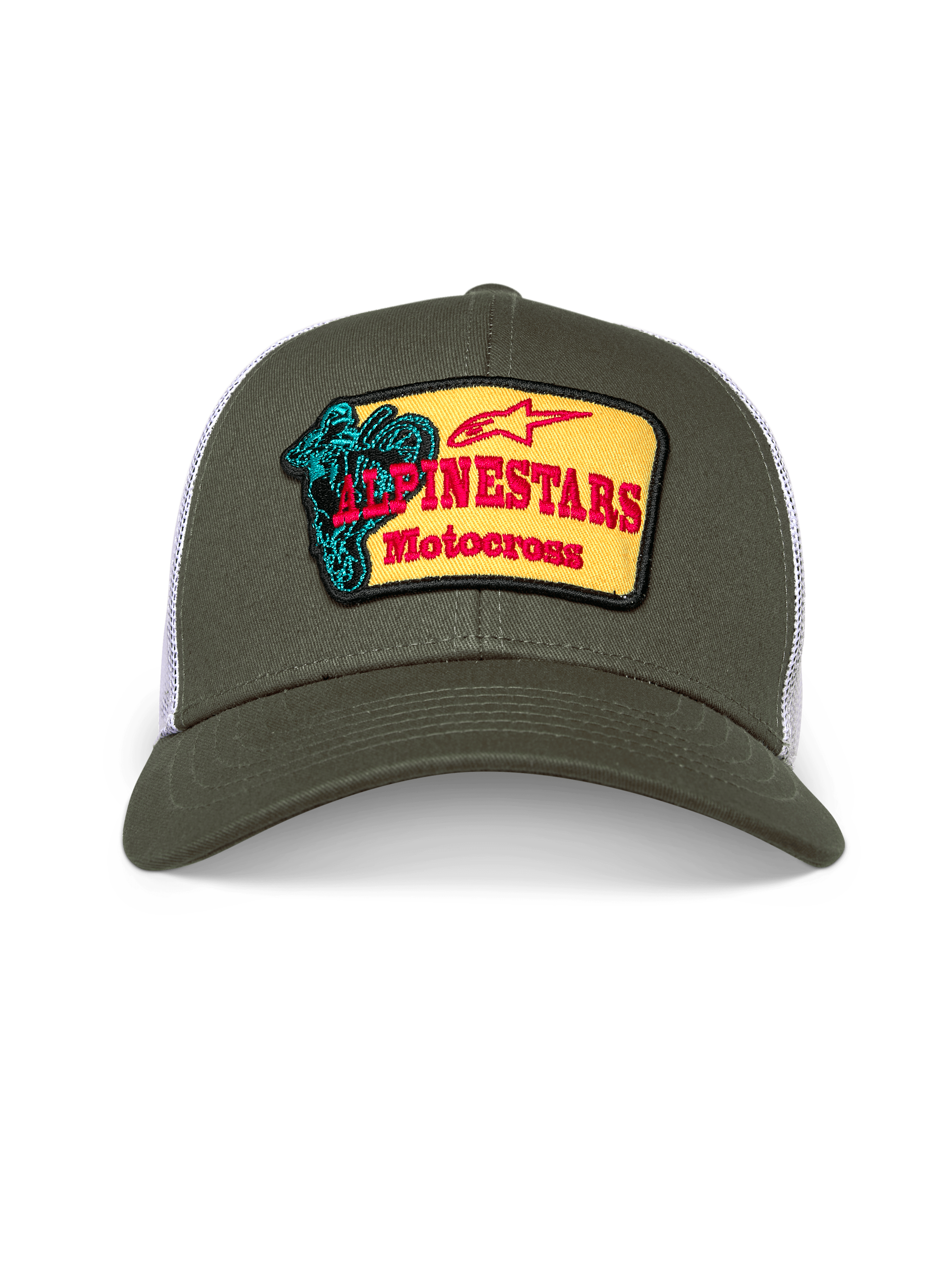 Alpinestars Hardware Trucker Hat, olive green and white trucker cap, structured crown with curved bill, yellow embroidered front patch with red Alpinestars Motocross branding and teal rider graphic, casual motorsport streetwear