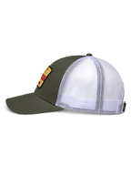 Alpinestars Hardware Trucker Hat, Side View, Military Green Twill Front and White Mesh Back, Yellow Embroidered Patch with Red Branding, Structured Crown with Curved Bill, Casual Motorsport Sportswear