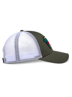 Alpinestars Hardware Trucker Hat, Side Profile View, Military Green with White Poly Mesh Back, Curved Bill and Structured Crown, Featuring an Embroidered Patch, Casual Motorsport-Inspired Headwear
