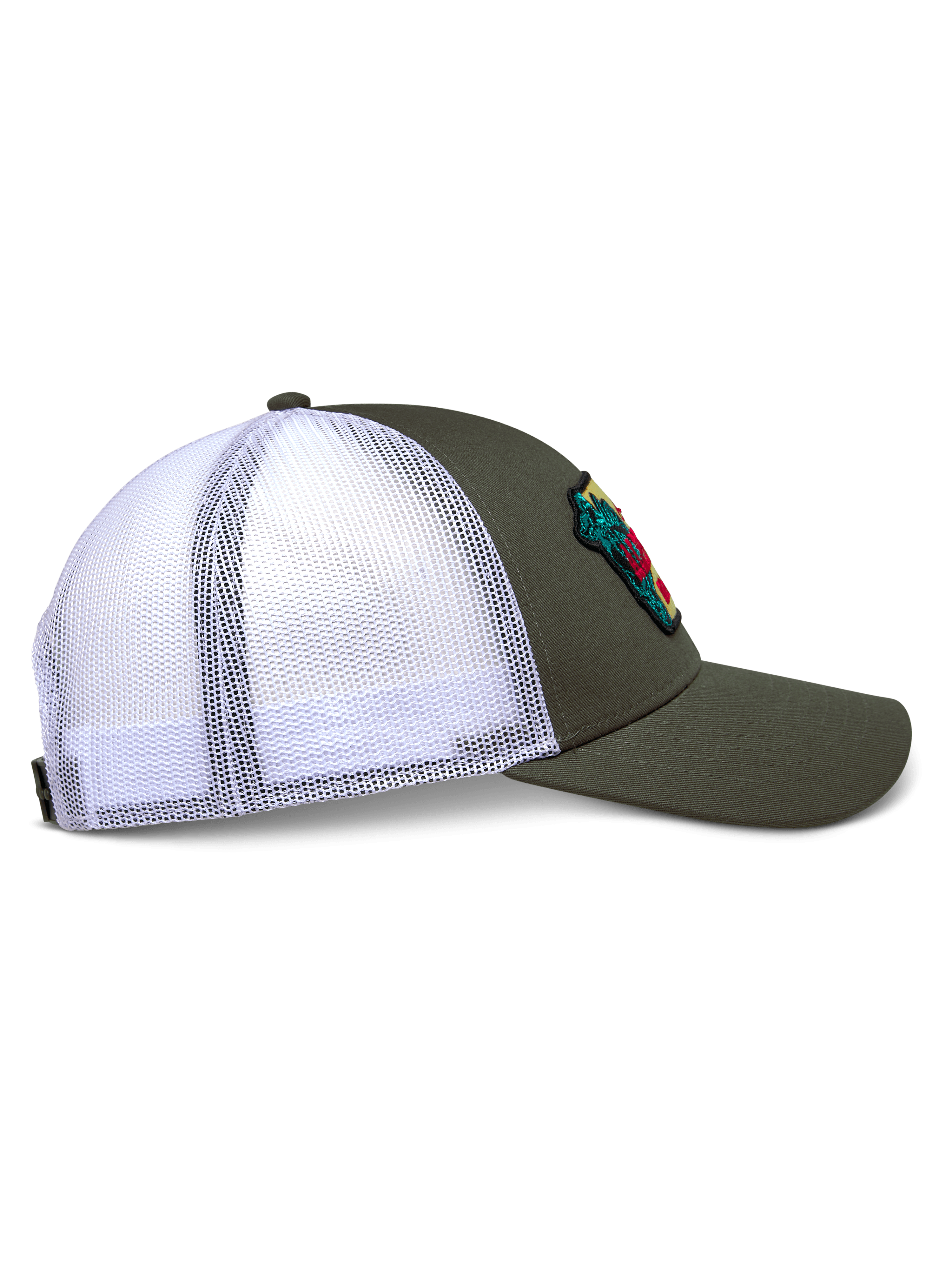 Alpinestars Hardware Trucker Hat, Side Profile View, Military Green with White Poly Mesh Back, Curved Bill and Structured Crown, Featuring an Embroidered Patch, Casual Motorsport-Inspired Headwear