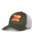 Alpinestars Hardware Trucker Hat, Olive Green and White Mesh, Yellow Patch with Red Alpinestars Motocross Branding, Curved Bill, Structured Crown, Casual Motorsport Sportswear