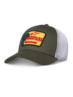 Alpinestars Hardware Trucker Hat, Olive Green and White Mesh, Yellow Patch with Red Alpinestars Motocross Branding, Curved Bill, Structured Crown, Casual Motorsport Sportswear