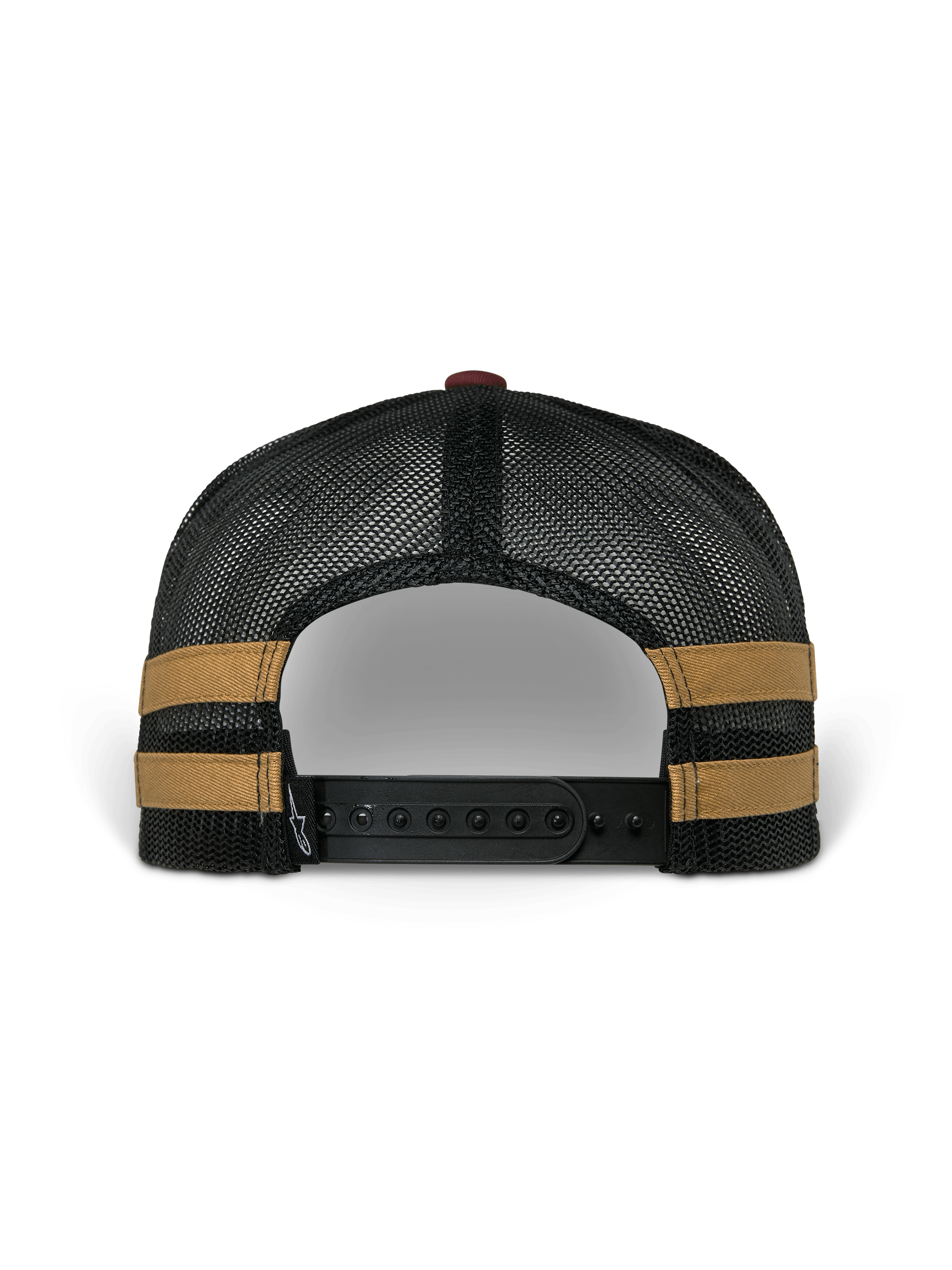 Alpinestars Backline Trucker Hat, back view, black poly mesh back with mustard side stripes, adjustable black snapback closure, casual motorsport-inspired headwear