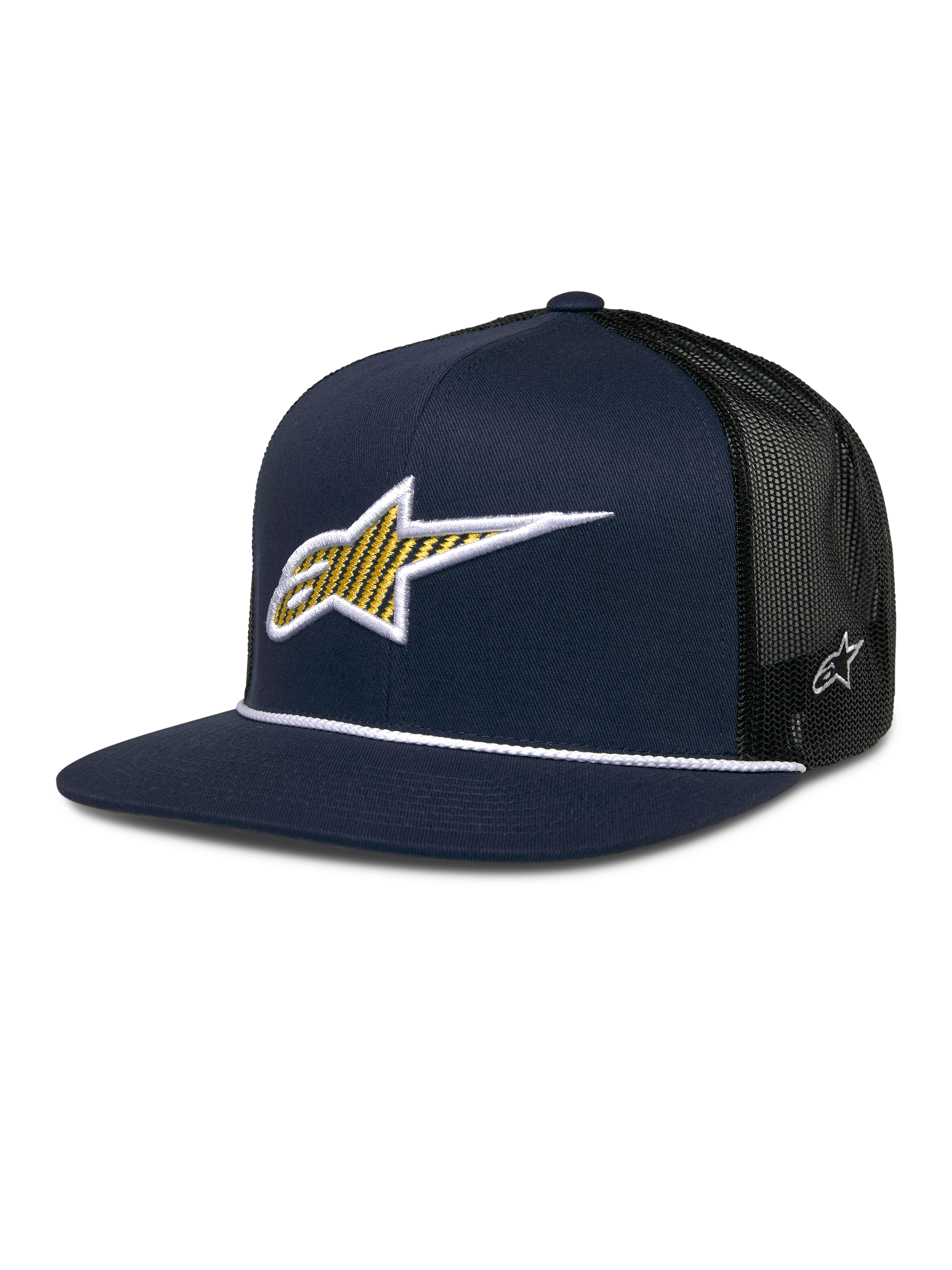 Alpinestars Orion Trucker Hat, Navy Blue and Black, structured front panel with 3D embroidered yellow and white star logo, black mesh back, white rope detail on flat brim, small white star emblem on side
