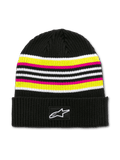 Alpinestars Bolted Cuff Beanie, Black Knitted Hat with White, Yellow, and Pink Stripes, Ribbed Texture, White Star Logo Patch on Cuff