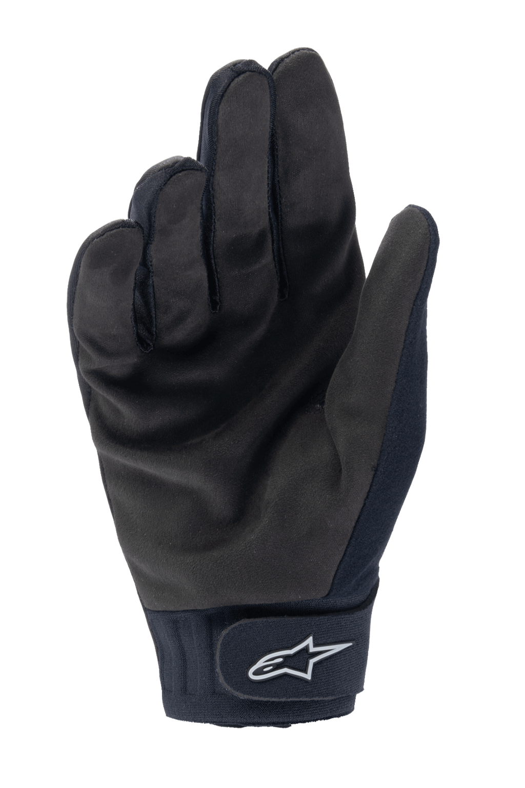 Alpinestars A-Dura Thermal Gloves, Black MTB Cycling Gloves, palm view showing durable synthetic suede and hook-and-loop wrist closure with white Alpinestars logo, thermal cycling gear for cold weather