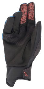 Alpinestars Denali 2 Gloves, MTB Gloves, Mid Blue Black Coral Fluo, palm view showing black Clarino synthetic leather with perforated details, coral fluo topographic patterns on the index and middle fingertips, and a small coral logo on the cuff.